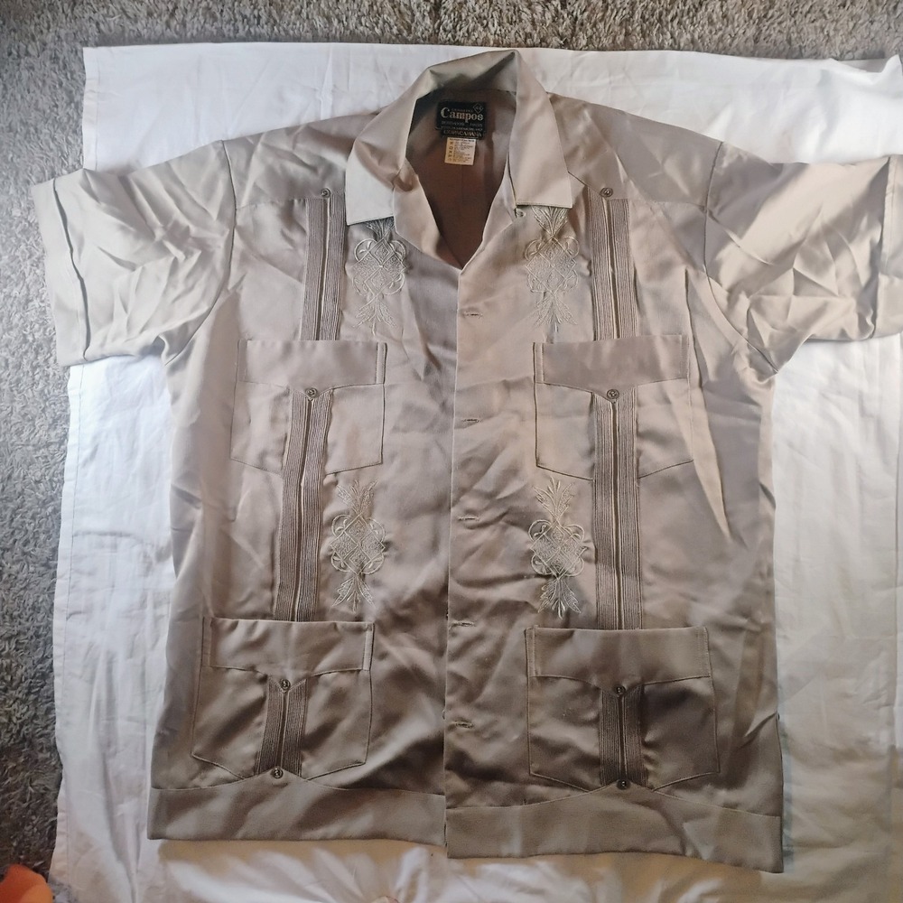 Vintage Guavabera Campos Copacabana Embroidered Button Down‎ Shirt Mens 44 EUC